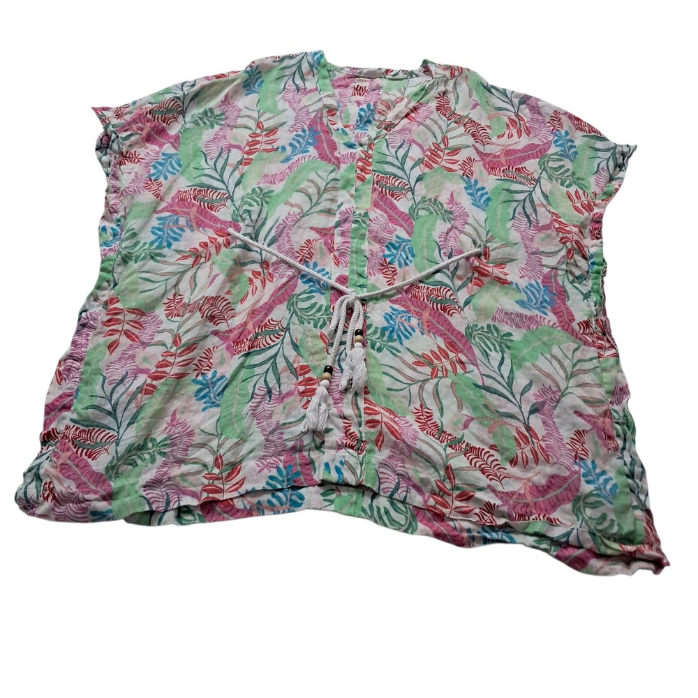 Cynthia Rowley Coverup Top Womens Large Pink Tropical 100% Linen Kaftan Vacation